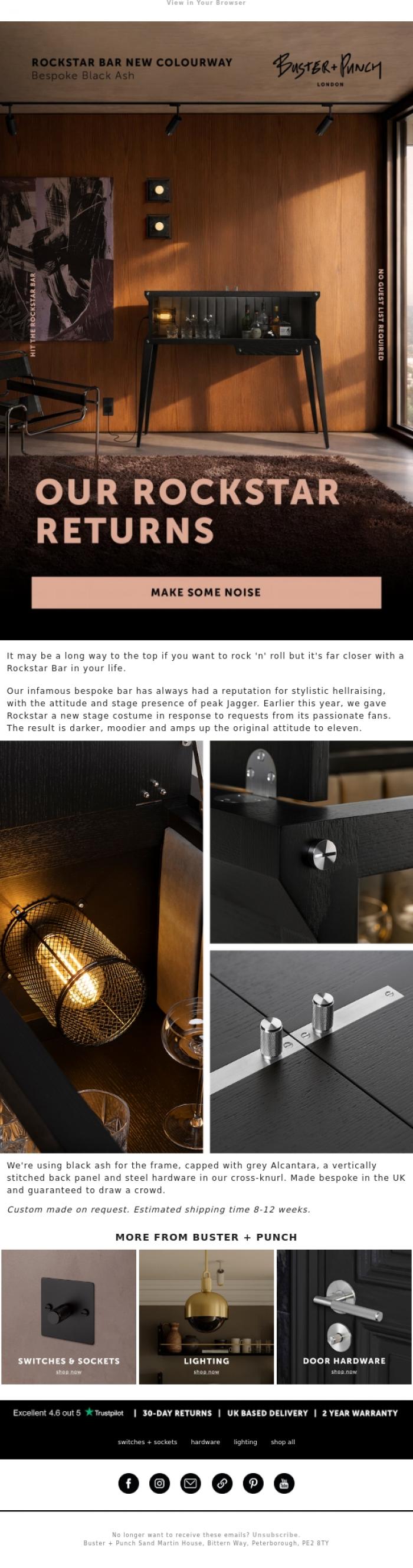 Email Design Inspiration from Buster + Punch, We got the band back together, Rockstar!