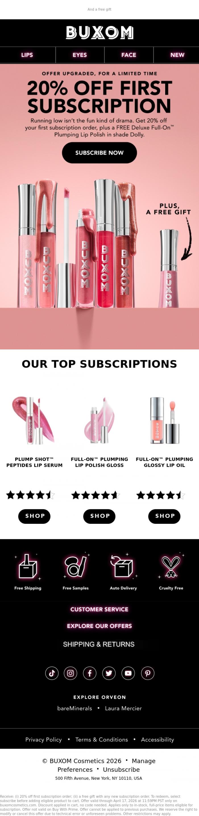 Email Design Inspiration from BUXOM Cosmetics, 20% off new subscriptions