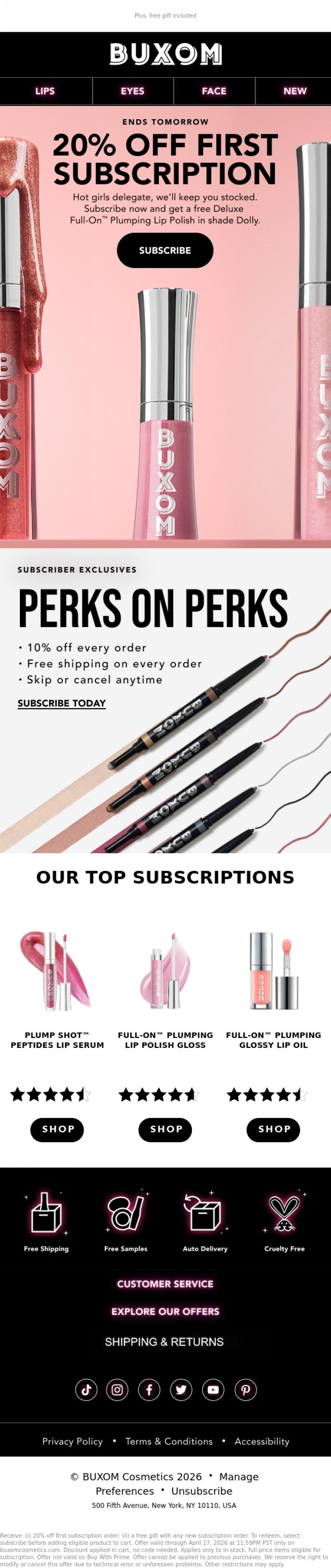 Email Design Inspiration from BUXOM Cosmetics, 20% off new subscriptions ends tomorrow