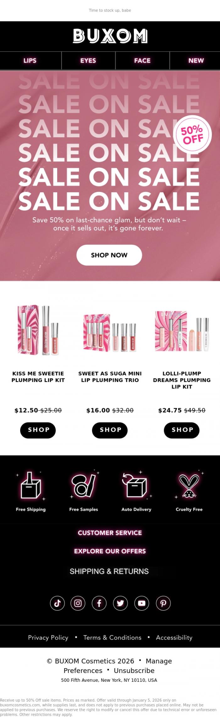 Email Design Inspiration from BUXOM Cosmetics, LIVE NOW: 50% Off our sale collection