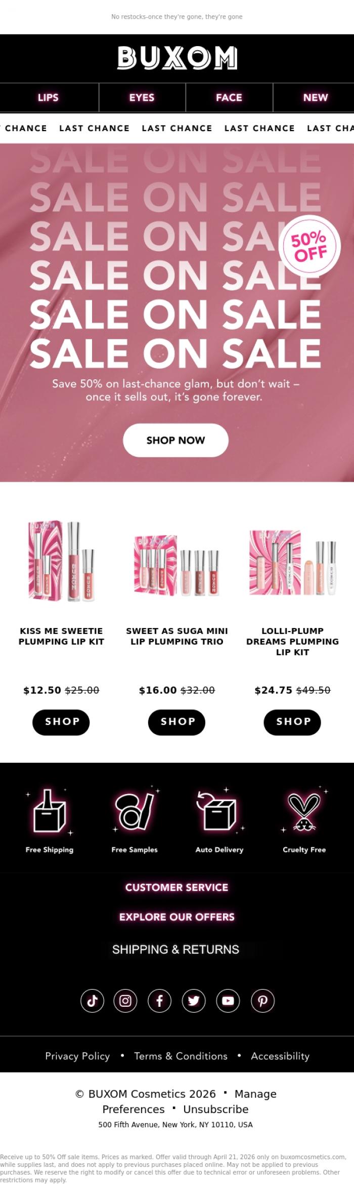 Email Design Inspiration from BUXOM Cosmetics, Ends tonight: 50% Off our sale collection