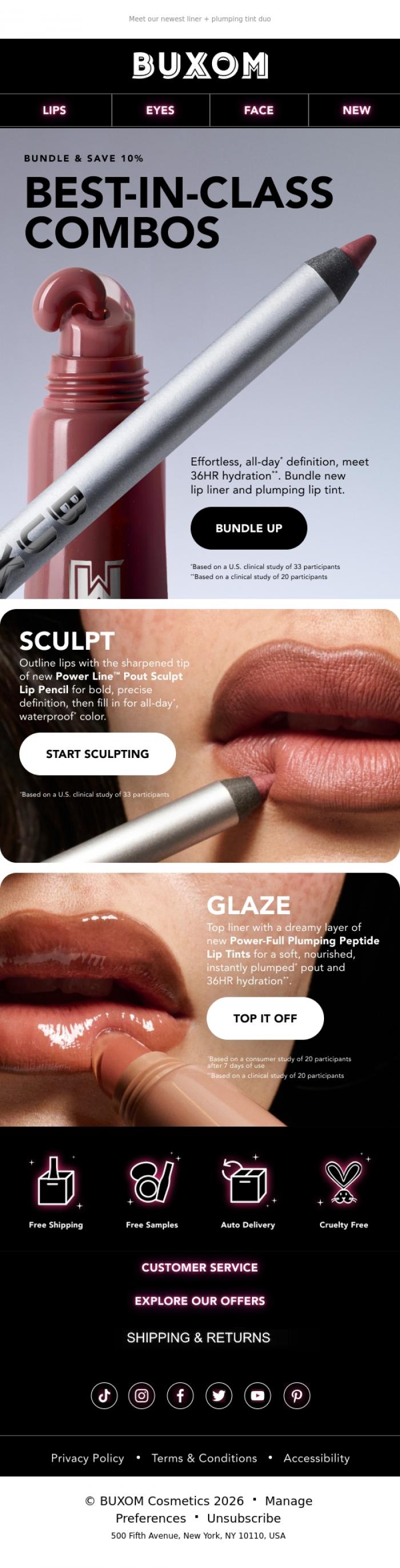 Email Design Inspiration from BUXOM Cosmetics, A two-step lip routine with 36HR hydration