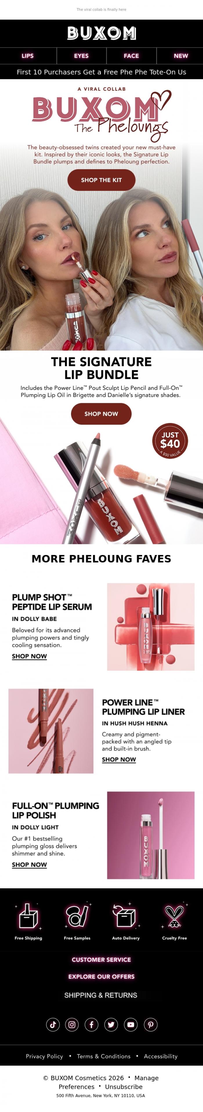 Email Design Inspiration from BUXOM Cosmetics, Buxom x the Pheloung sisters