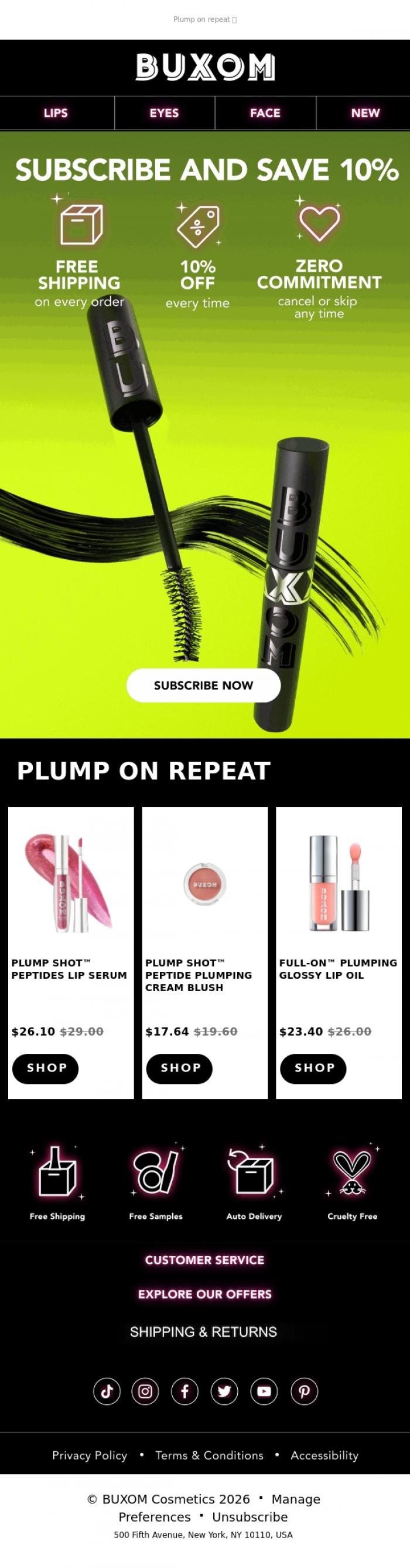 Email Design Inspiration from BUXOM Cosmetics, Subscribe to save 10% and get FREE shipping
