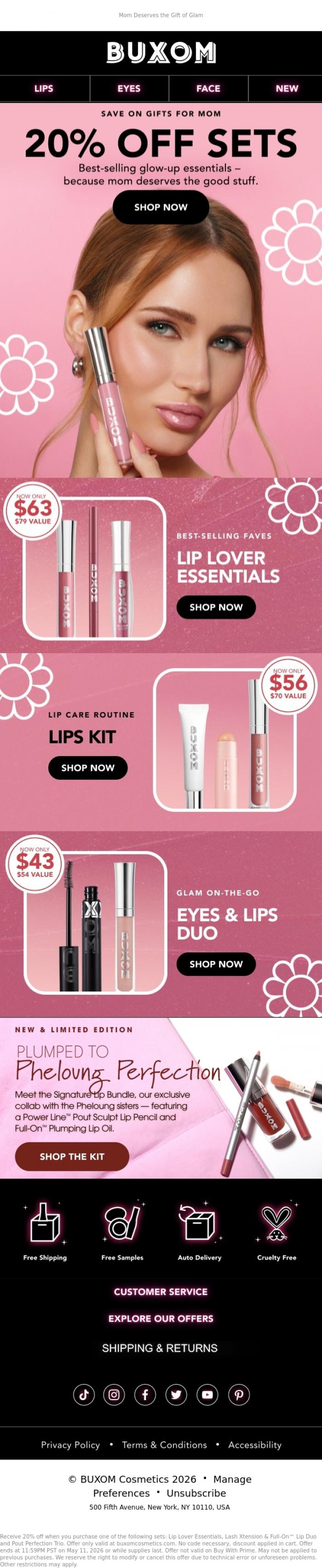 Email Design Inspiration from BUXOM Cosmetics, 20% Off Sets for Mother's Day