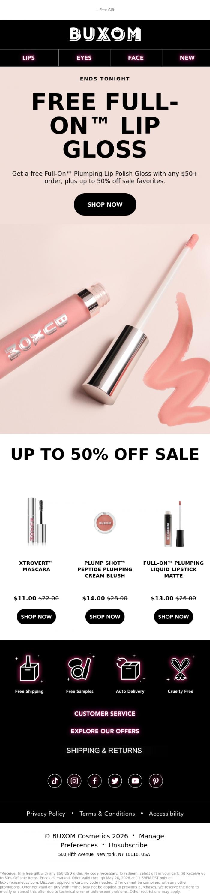 Email Design Inspiration from BUXOM Cosmetics, Ends tonight: 50% off sale favorites