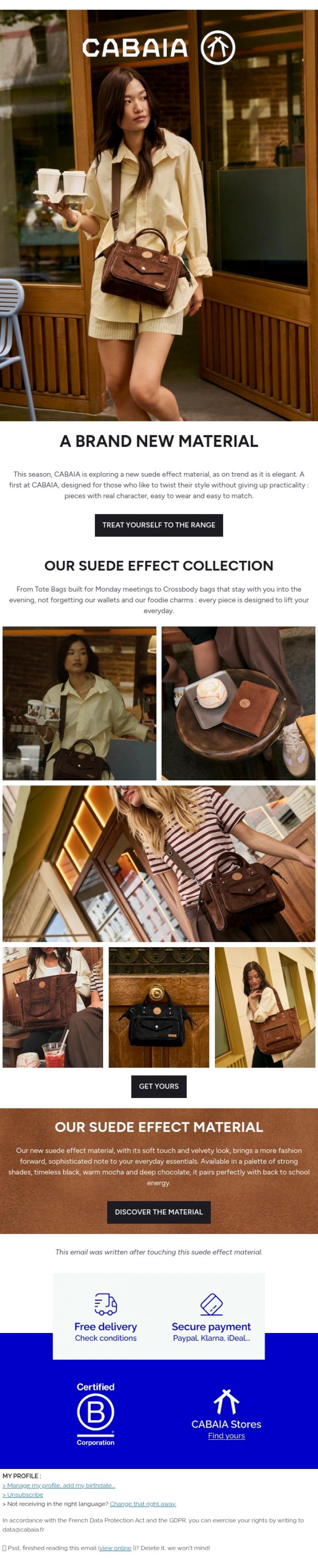 Email Design Inspiration from CABAIA, The suede effect makes its entrance