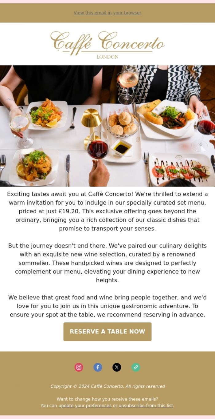 Email Design Inspiration from Caffe Concerto, Relish our &pound;19.20 Set Menu with a Toast 🥂