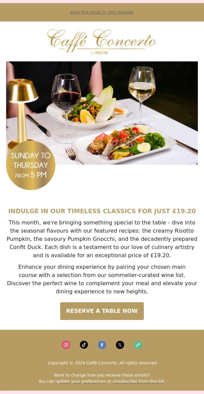 Email Design Inspiration from Caffe Concerto, 🥂 Sip & Savor: Special Set Menu for just &pound;19.20
