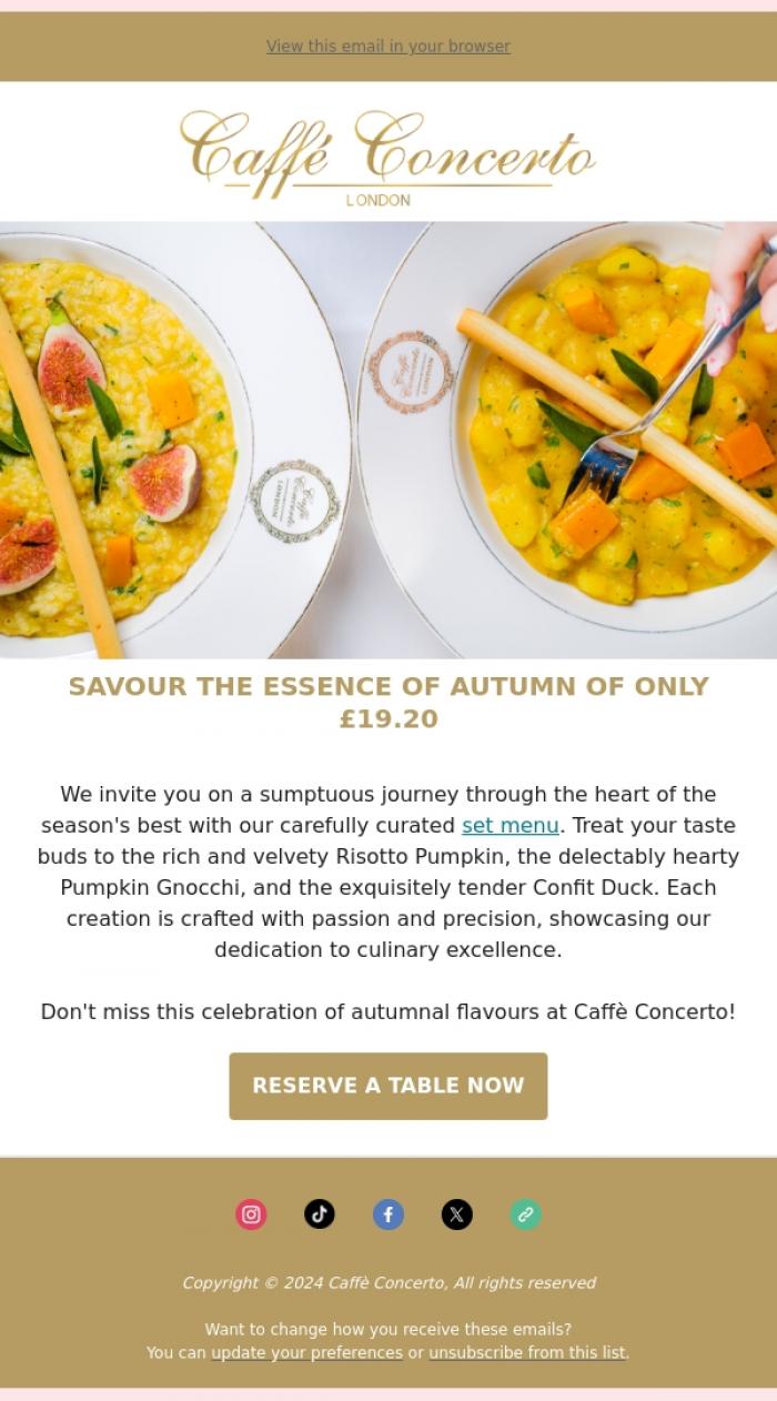 Email Design Inspiration from Caffe Concerto, Autumn dining for just &pound;19.20 🍁