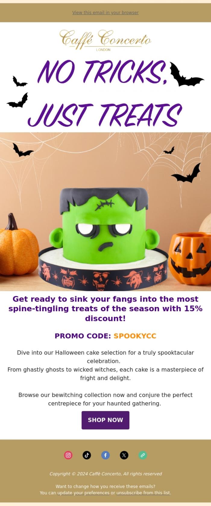 Email Design Inspiration from Caffe Concerto, No tricks, just treats! 🦇🎂