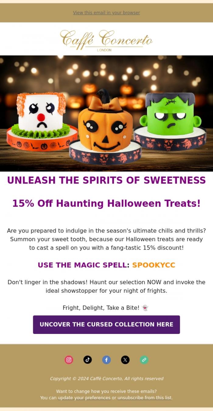 Email Design Inspiration from Caffe Concerto, 15% OFF haunting Halloween treats 🎃🎂