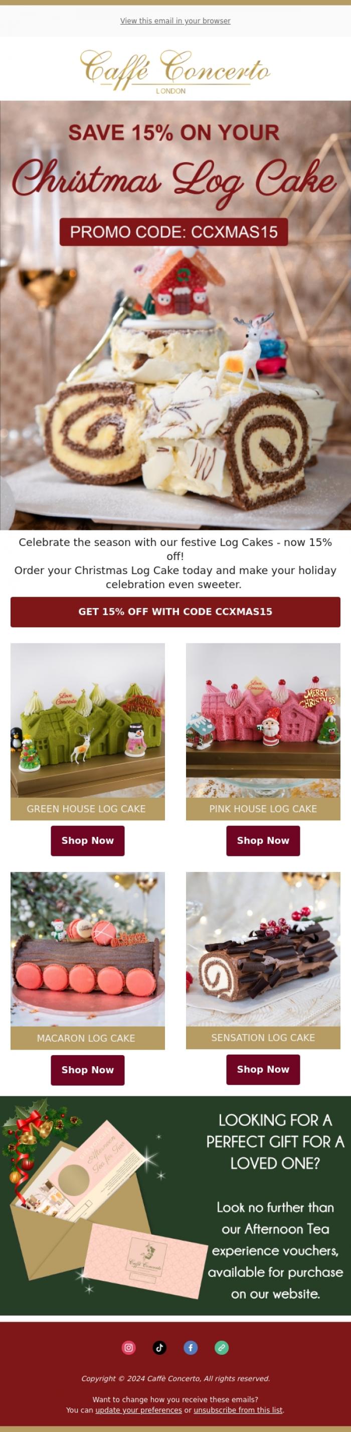 Email Design Inspiration from Caffe Concerto, Sleigh the Festive Season with 15% Off Log Cakes