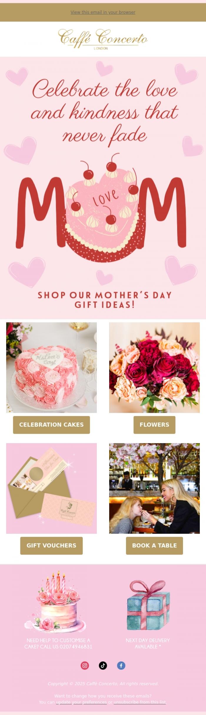 Email Design Inspiration from Caffe Concerto, Make Mom's Day with Cakes, Flowers & Afternoon Tea