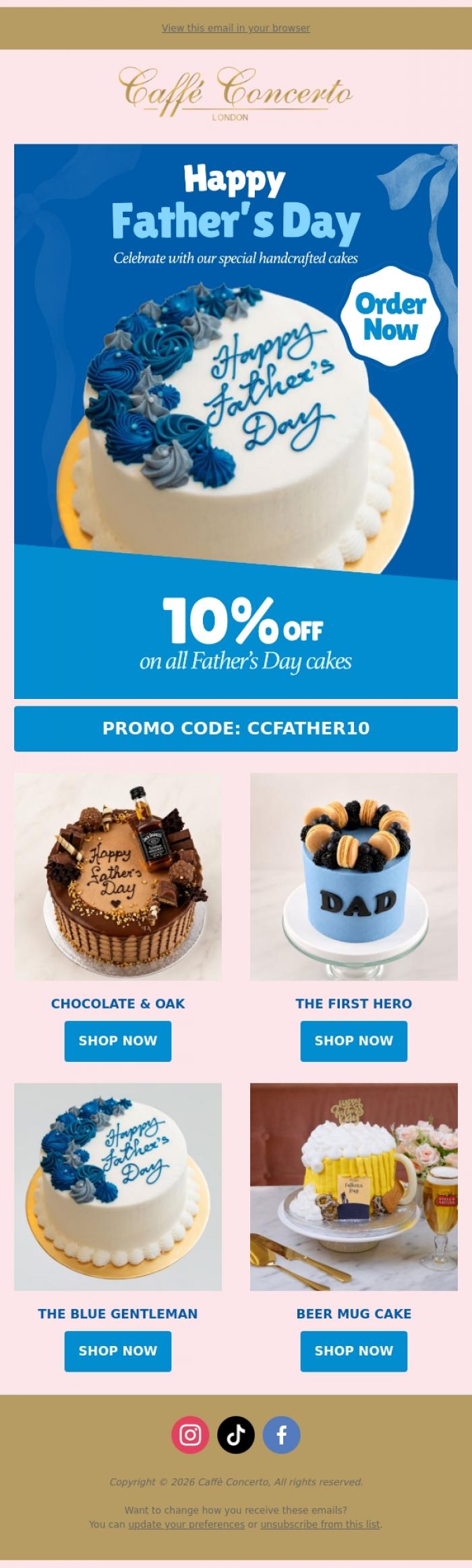 Email Design Inspiration from Caffe Concerto, A Sweet Treat for Dad: 10% Off This Weekend