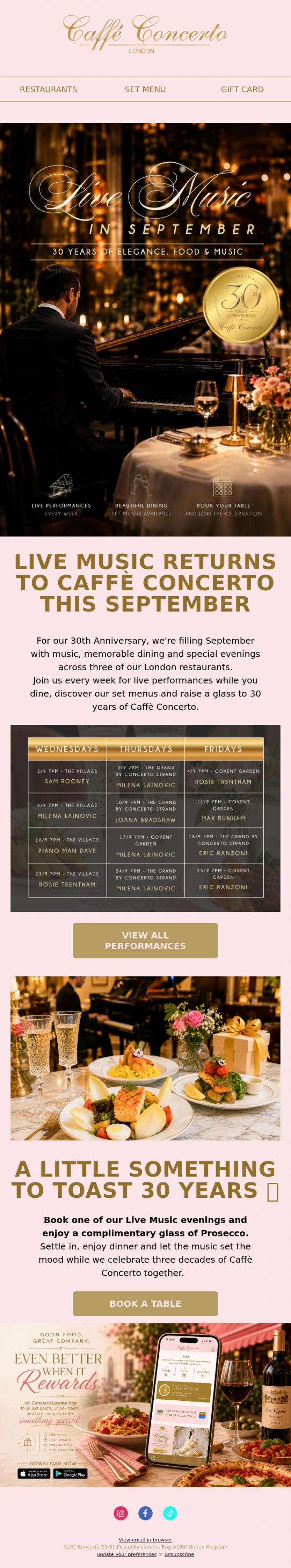 Email Design Inspiration from Caffe Concerto, Celebrate 30 Years with Live Music & Complimentary Prosecco 🥂