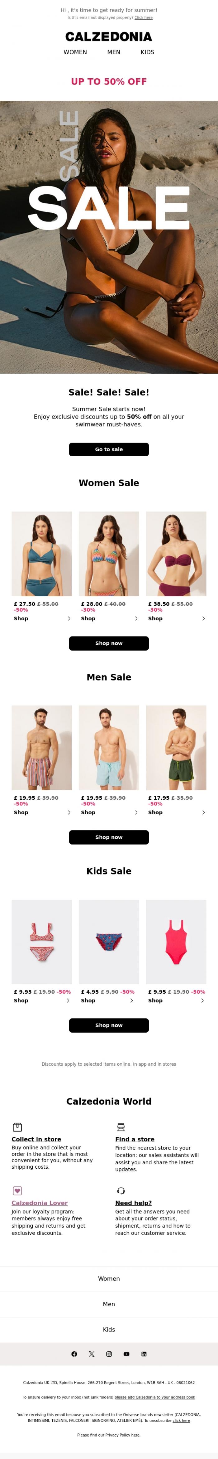 Email Design Inspiration from Calzedonia, Summer Sales has landed, up to 50% off