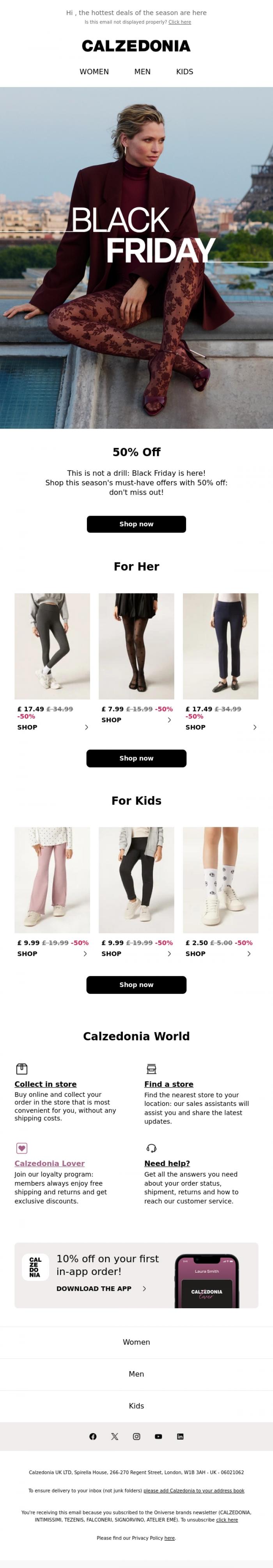 Email Design Inspiration from Calzedonia, 50% Off - Black Friday Starts NOW!