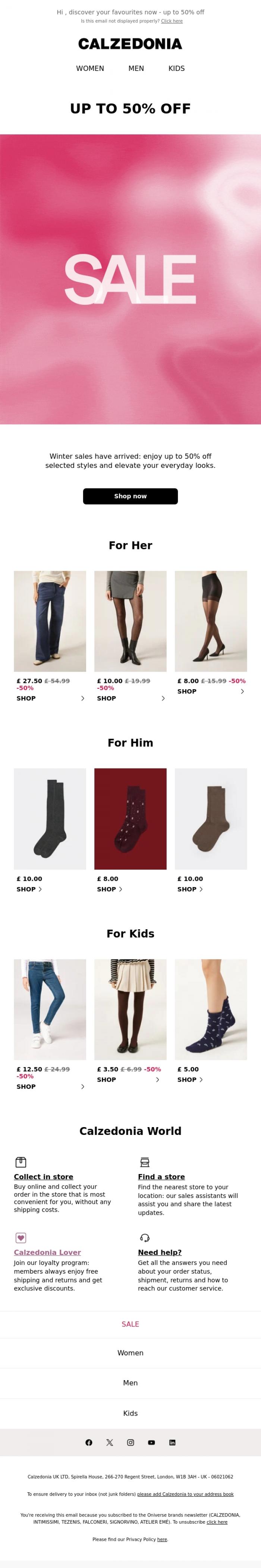Email Design Inspiration from Calzedonia, It's Sales Time: Grab up to 50% off Now