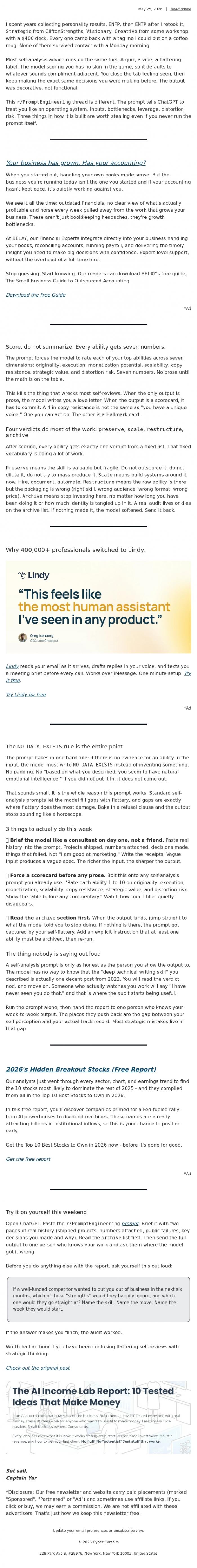 Email Design Inspiration from Captain YAR, 🏴&zwj;☠️ The prompt that forbids flattery