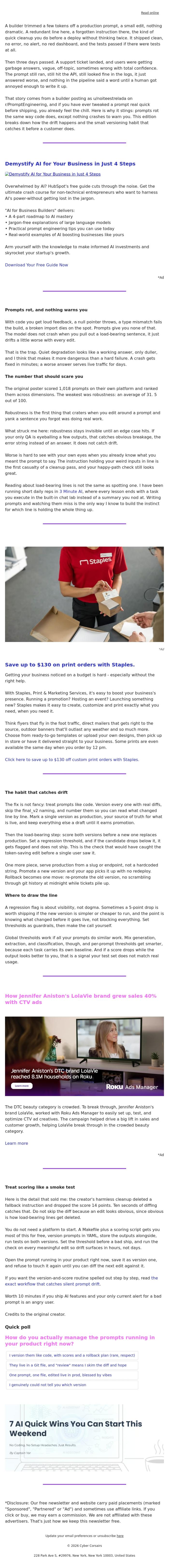 Email Design Inspiration from Captain YAR, 🏴&zwj;☠️ Prompts rot in silence for three days