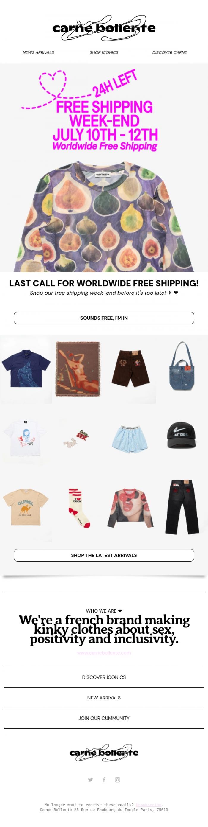 Email Design Inspiration from Carne Bollente, LAST CALL FOR WORLDWIDE FREE SHIPPING ⏰