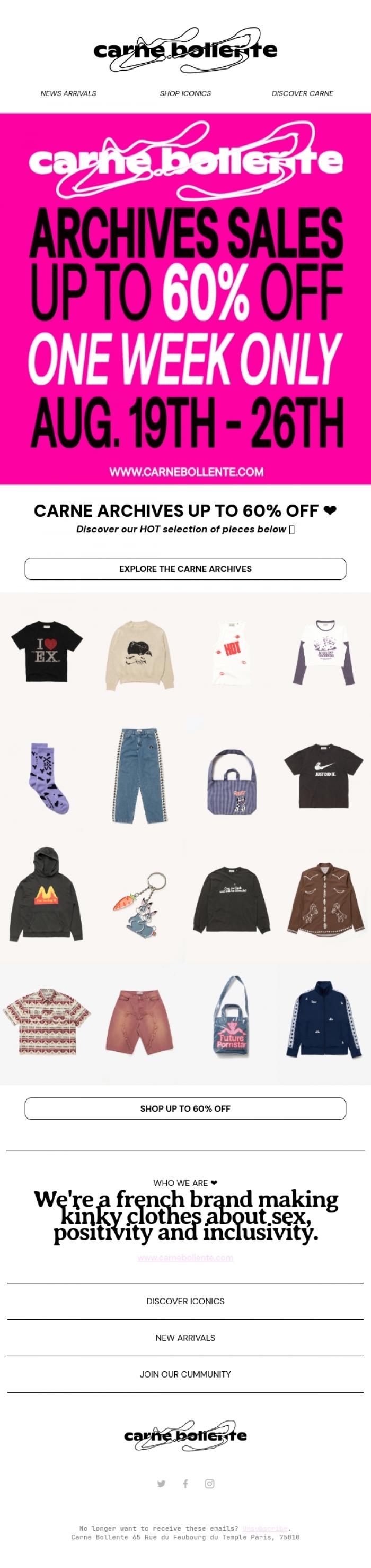 Email Design Inspiration from Carne Bollente, TREAT YOURSELF TO CARNE ARCHIVES SALES ❤️