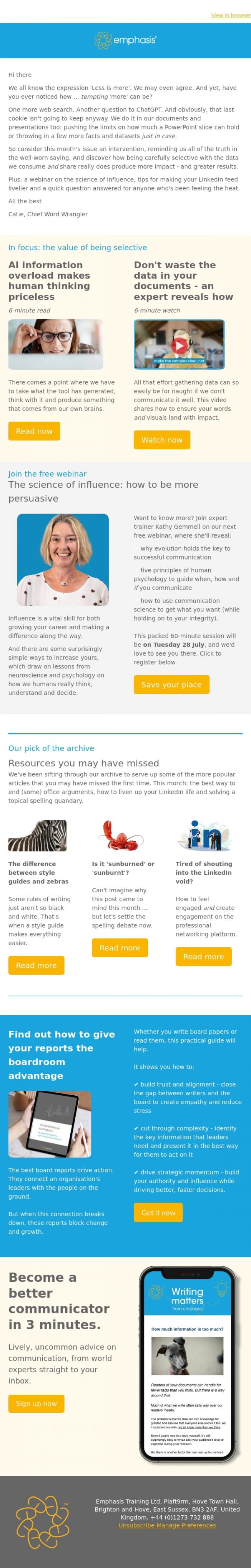Email Design Inspiration from Catie at Emphasis, When information is cheap, thinking is priceless