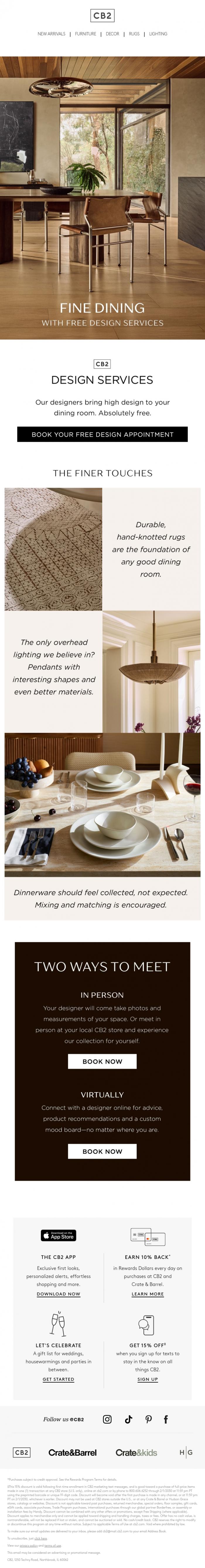 Email Design Inspiration from CB2 Free Design Services, FINE DINING