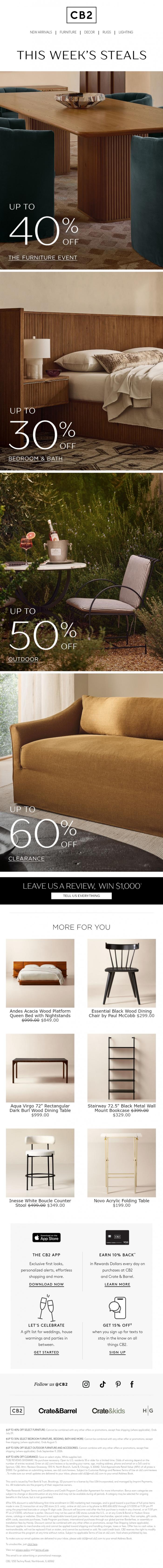 Email Design Inspiration from CB2 LONG WKND SALE, STEALS OF THE WEEK