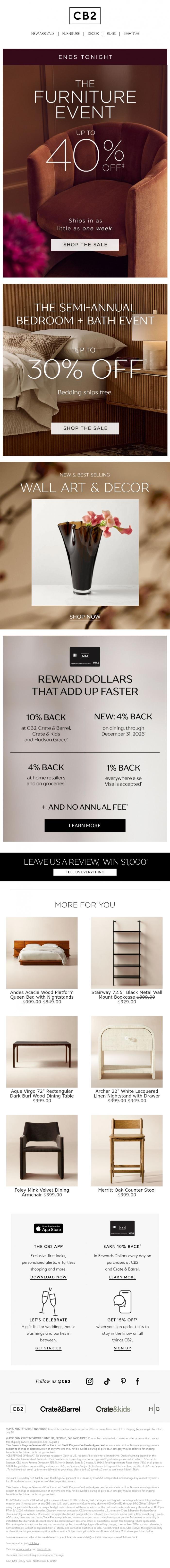 Email Design Inspiration from CB2 LONG WKND SALE, Ends tonight: up to 40% off furniture