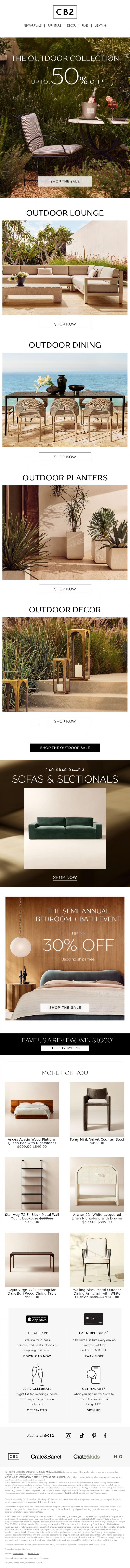 Email Design Inspiration from CB2 LONG WKND SALE, Summer's calling. Outdoor is on sale.