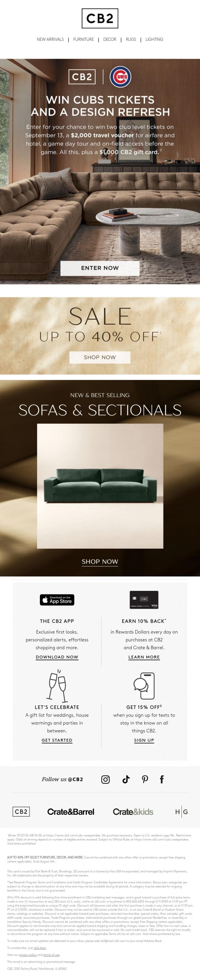 Email Design Inspiration from CB2 LONG WKND SALE, WIN A CUBS GAME