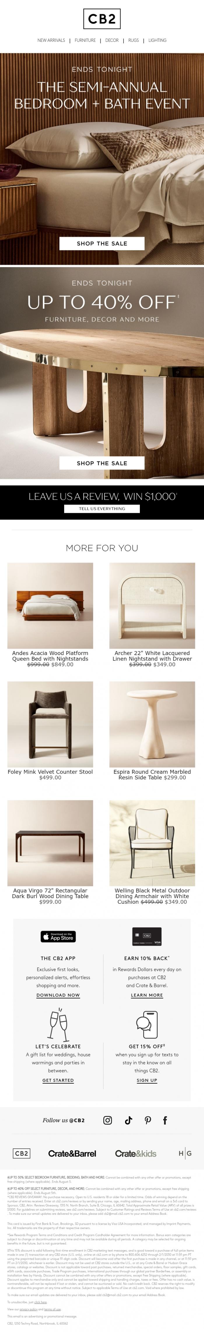 Email Design Inspiration from CB2 LONG WKND SALE, Two sales end tonight