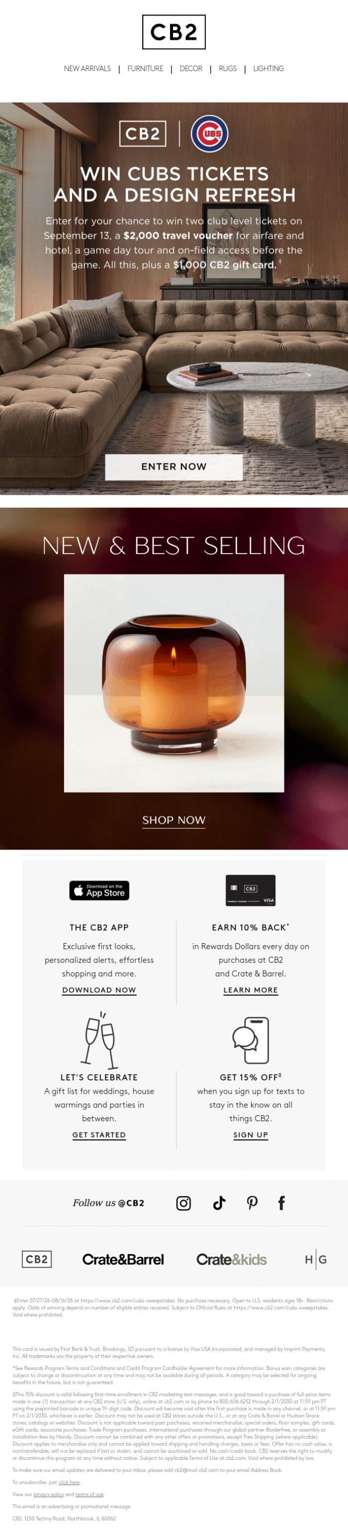 Email Design Inspiration from CB2 LONG WKND SALE, WIN A CUBS GAME