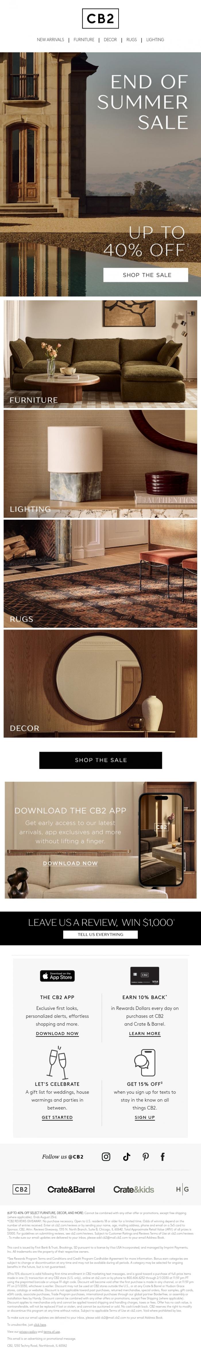 Email Design Inspiration from CB2 LONG WKND SALE, LAST WEEK TO SHOP