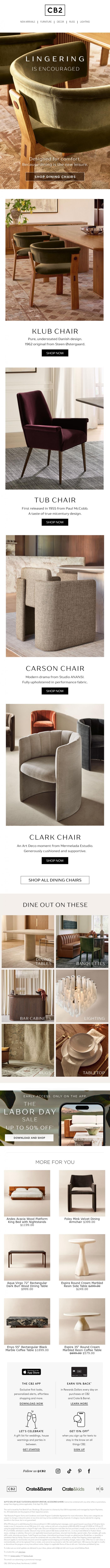 Email Design Inspiration from CB2 LONG WKND SALE, Dining is the new leisure