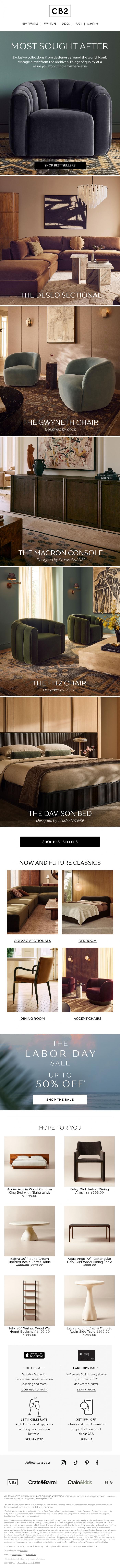 Email Design Inspiration from CB2 LONG WKND SALE, Now and future classics