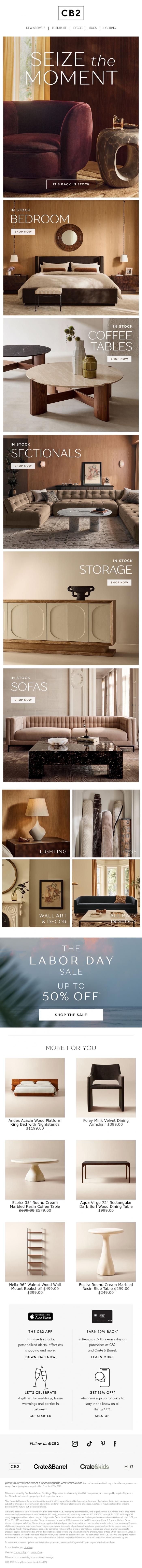 Email Design Inspiration from CB2 LONG WKND SALE, BACK IN STOCK