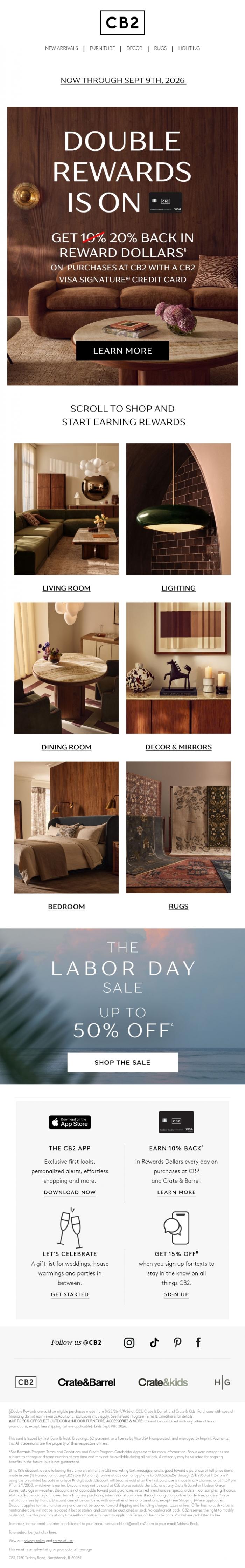 Email Design Inspiration from CB2 LONG WKND SALE, On sale now and twice the rewards