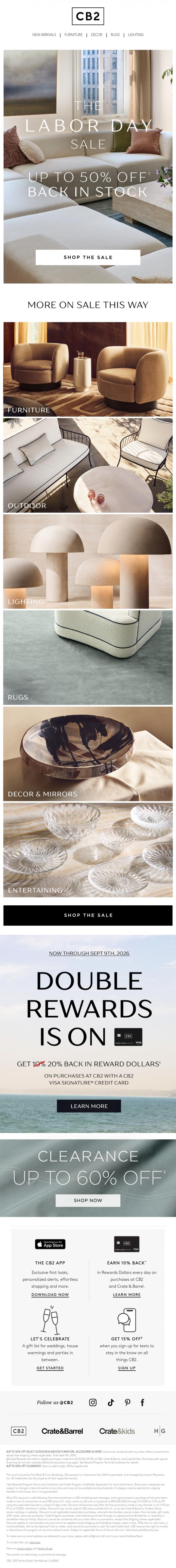 Email Design Inspiration from CB2 LONG WKND SALE, Back in stock. Now up to 50% off.