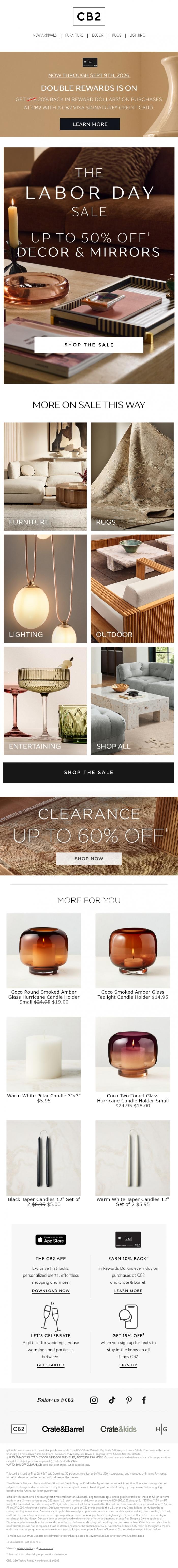 Email Design Inspiration from CB2 LONG WKND SALE, Keep-forever decor. On sale for a moment.