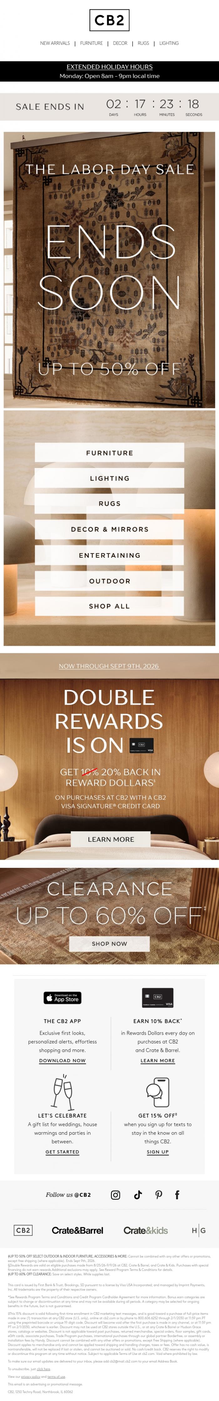 Email Design Inspiration from CB2 LONG WKND SALE, 48 HOURS LEFT ON LABOR DAY SALE