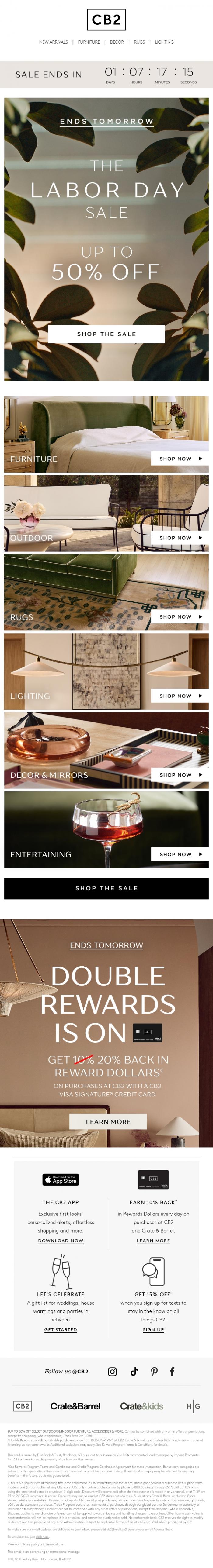 Email Design Inspiration from CB2 LONG WKND SALE, LABOR DAY SALE ENDS TOMORROW