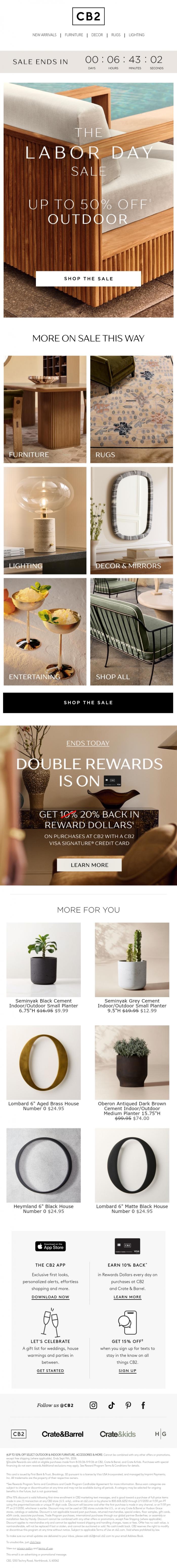 Email Design Inspiration from CB2 LONG WKND SALE, HOURS LEFT FOR LABOR DAY SALE