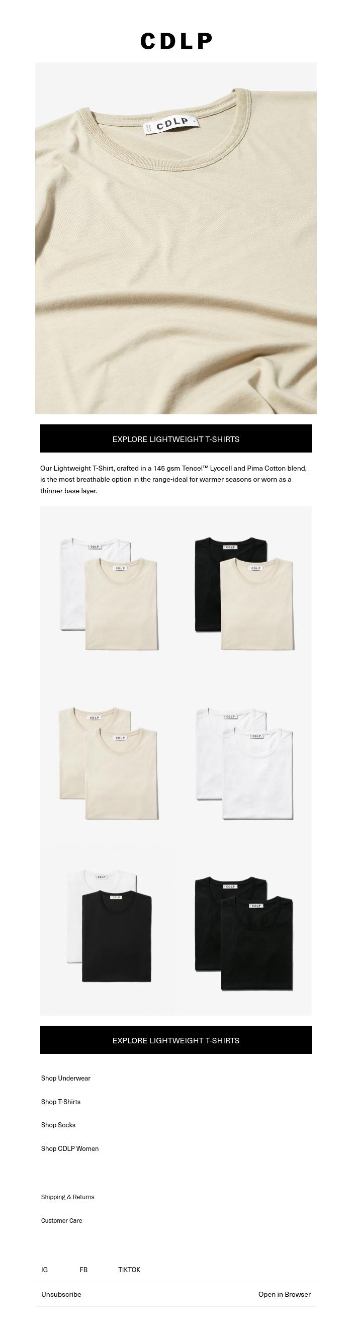 Email Design Inspiration from CDLP, The Airiest T-Shirt in the Drawer