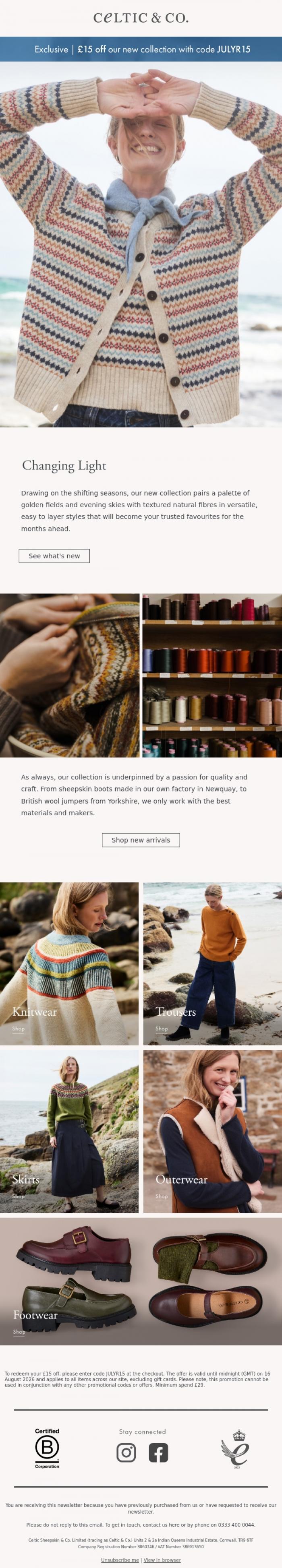 Email Design Inspiration from CELTIC & CO., NEW collection: Changing Light