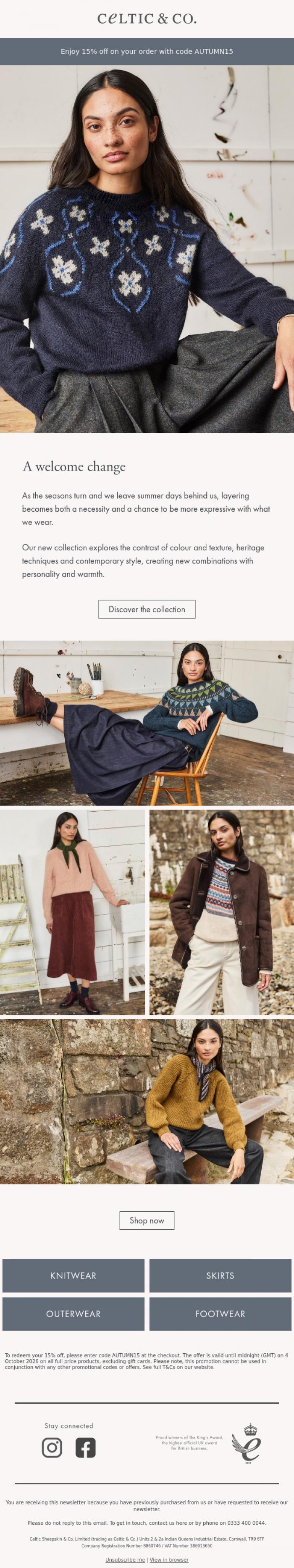 Email Design Inspiration from CELTIC & CO., New collection: A Welcome Change