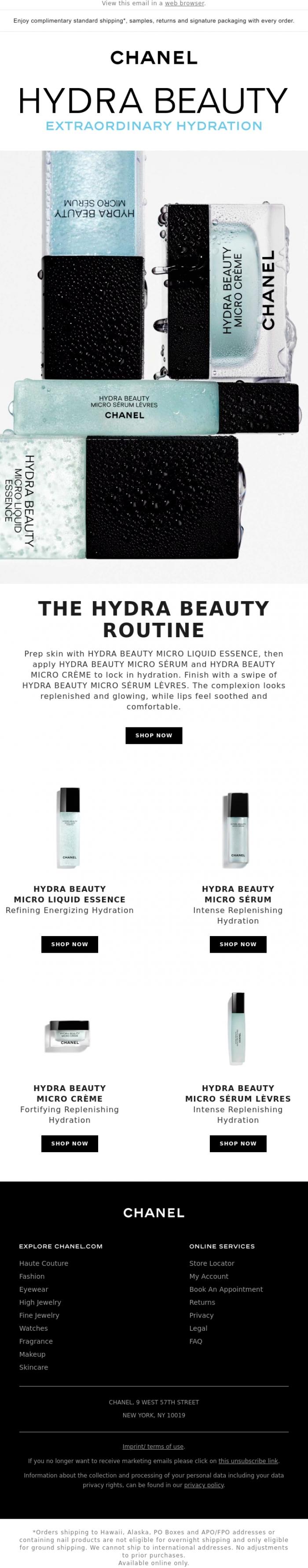 Email Design Inspiration from CHANEL, The HYDRA BEAUTY skincare routine