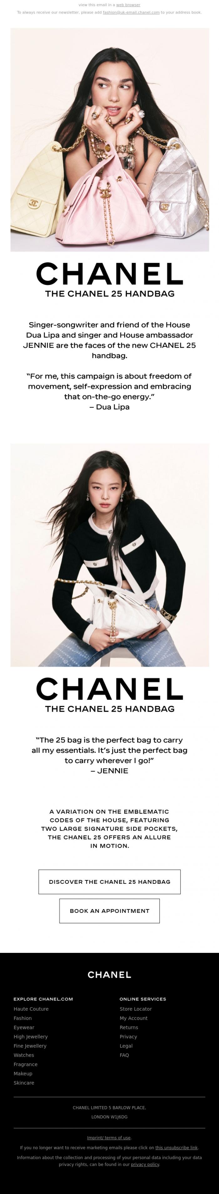 Email Design Inspiration from CHANEL, Dua Lipa and JENNIE for the New CHANEL 25 Handbag